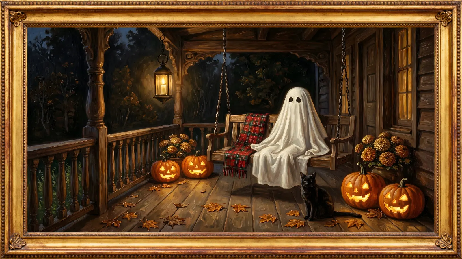 A friendly sheet ghost sitting on a porch swing on a Victorian porch at night, with a black cat and glowing jack-o'-lanterns, in an ornate gold frame