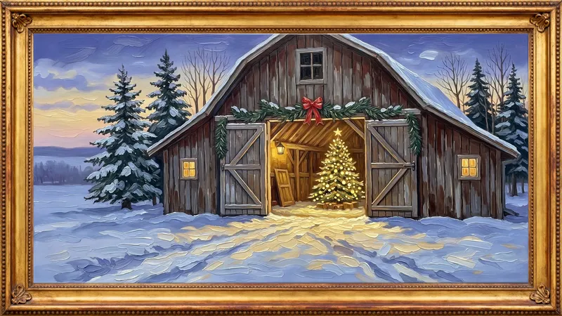Snowy village at dusk